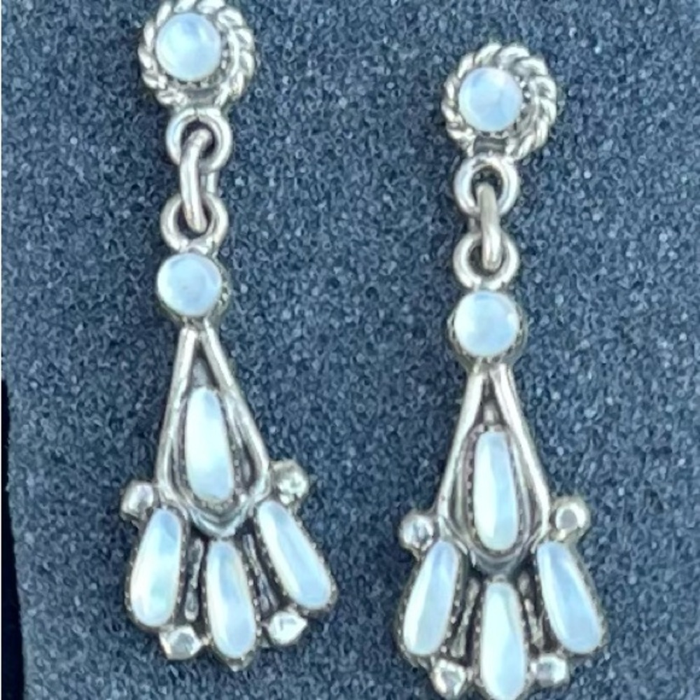 Sterling Silver White Mother of Pearl Floral Dangle Earrings. American West